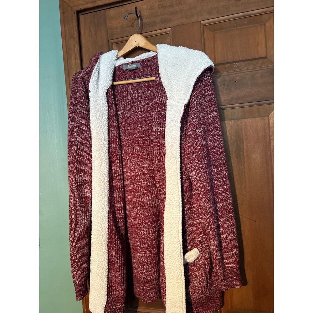 Natural Reflections Womens XXL‎ Burgundy Marled Sherpa  Hooded Cardigan Sweater